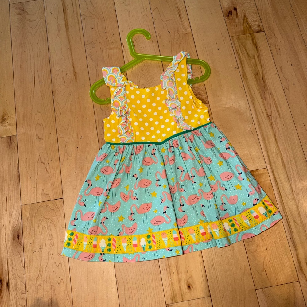 Wildflowers Yellow Polka Dot Bodice with Aqua Flamingo Skirt Tunic